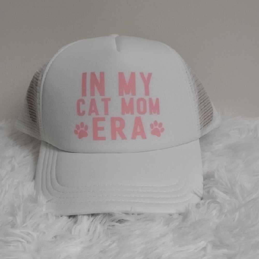 "IN MY CAT MOM ERA" Pink White Animal Print Cat Lover's Statement Trucker Hat